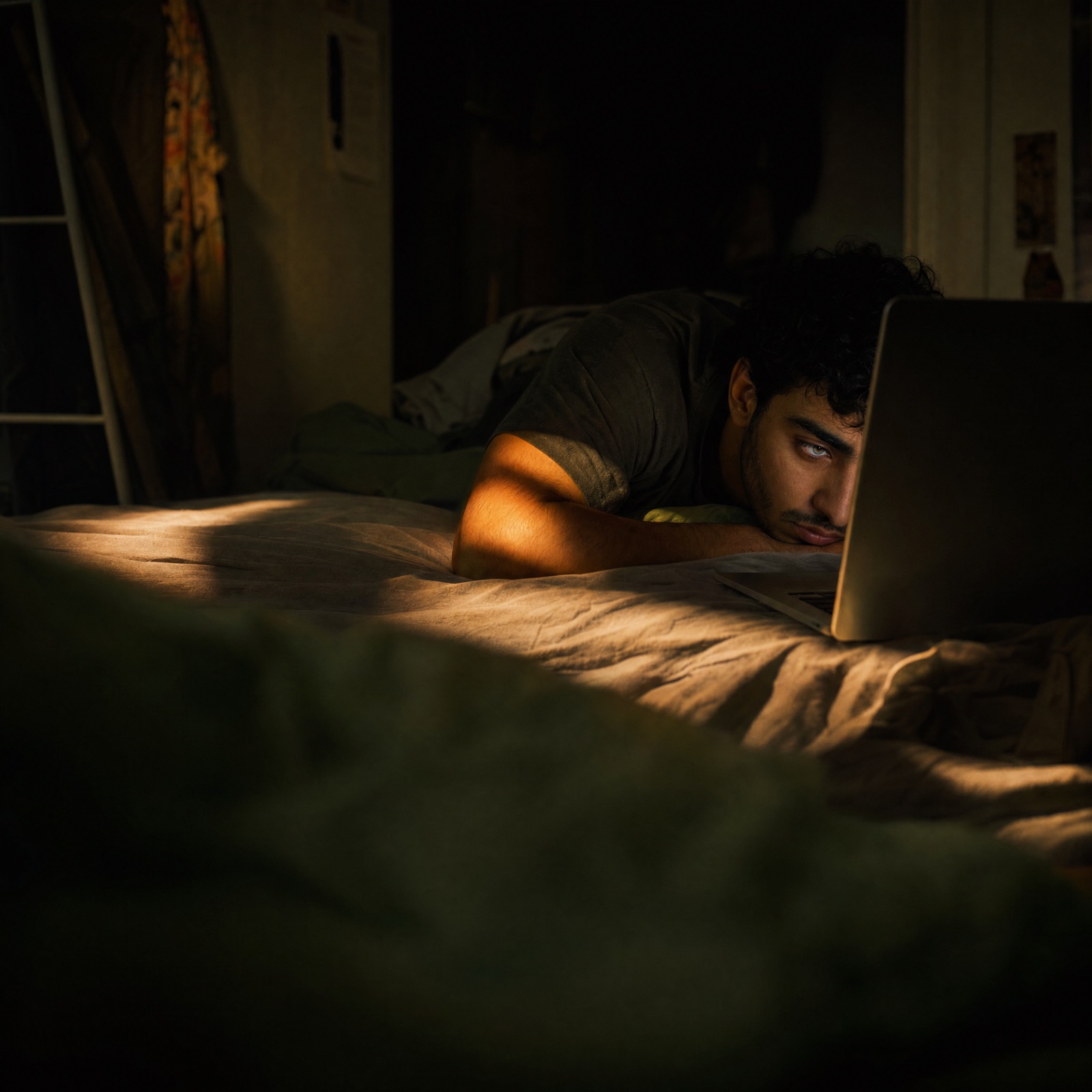 Developer stretched out on a bed, eye level with the laptop