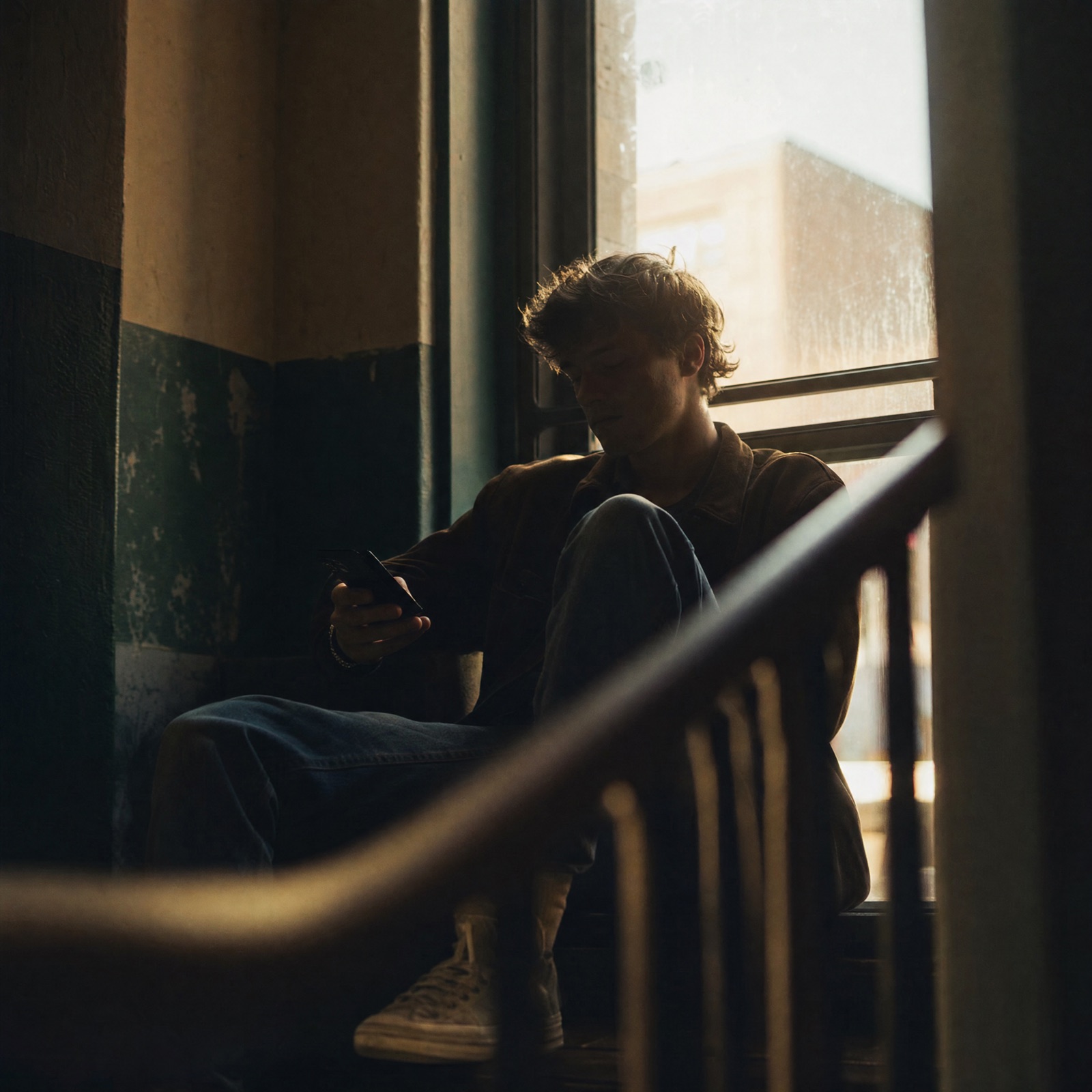 Developer sitting in a sunlit stairwell, phone in hand
